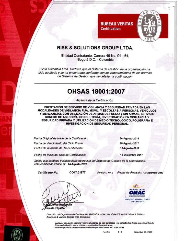 CERTIFICADO OHSAS 18001 2017-2020